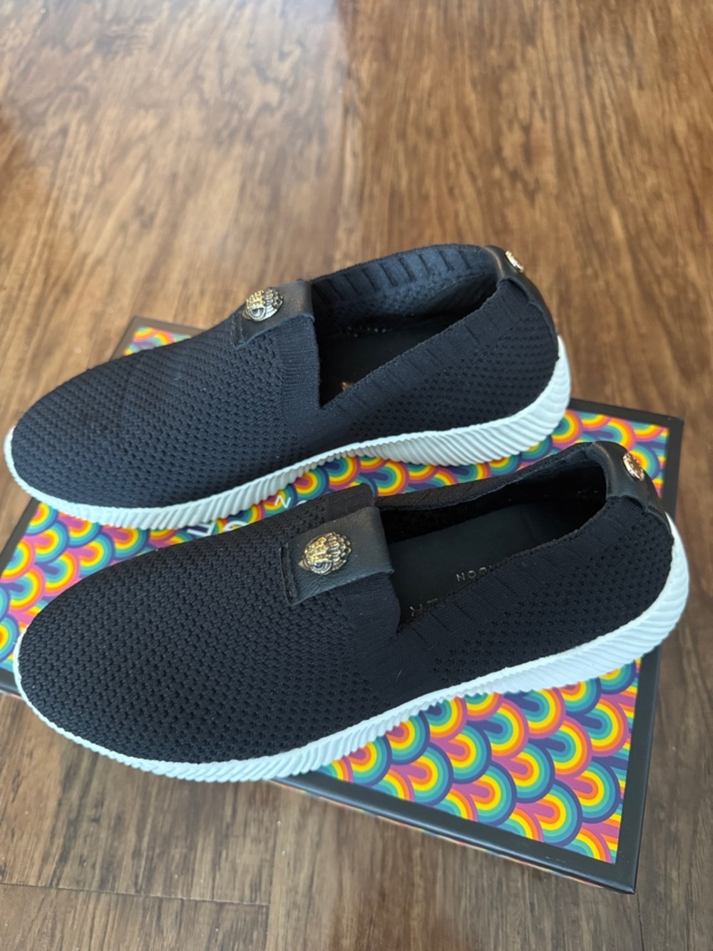 Kurt Geiger Black Knit Slip-On Sneakers with Gold Emblem - Picture 4 of 5